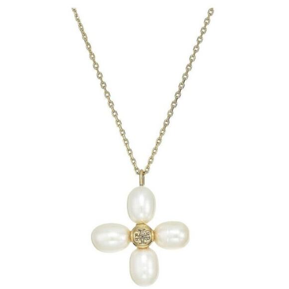 NEW Tory Burch Faux Pearl Gold Clover Pendant Necklace Statement Feminine Gift - Picture 1 of 7